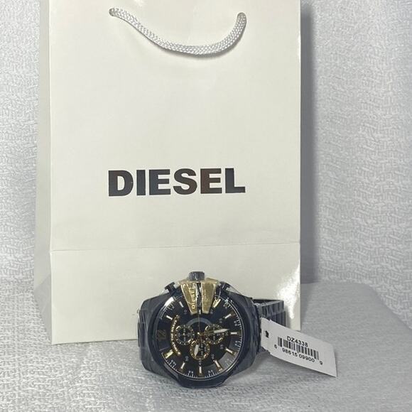 Diesel Mega Chief 26mm Stainless Steel Black Gold Men's Watch analog NWT - Picture 1 of 5